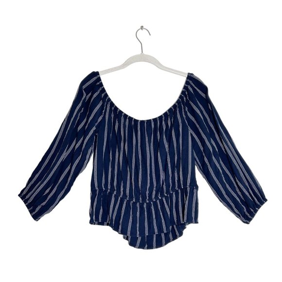 American Eagle 3/4 Sleeve Stripe Off Shoulder Top in Blue/White - Sz L - Picture 2 of 5
